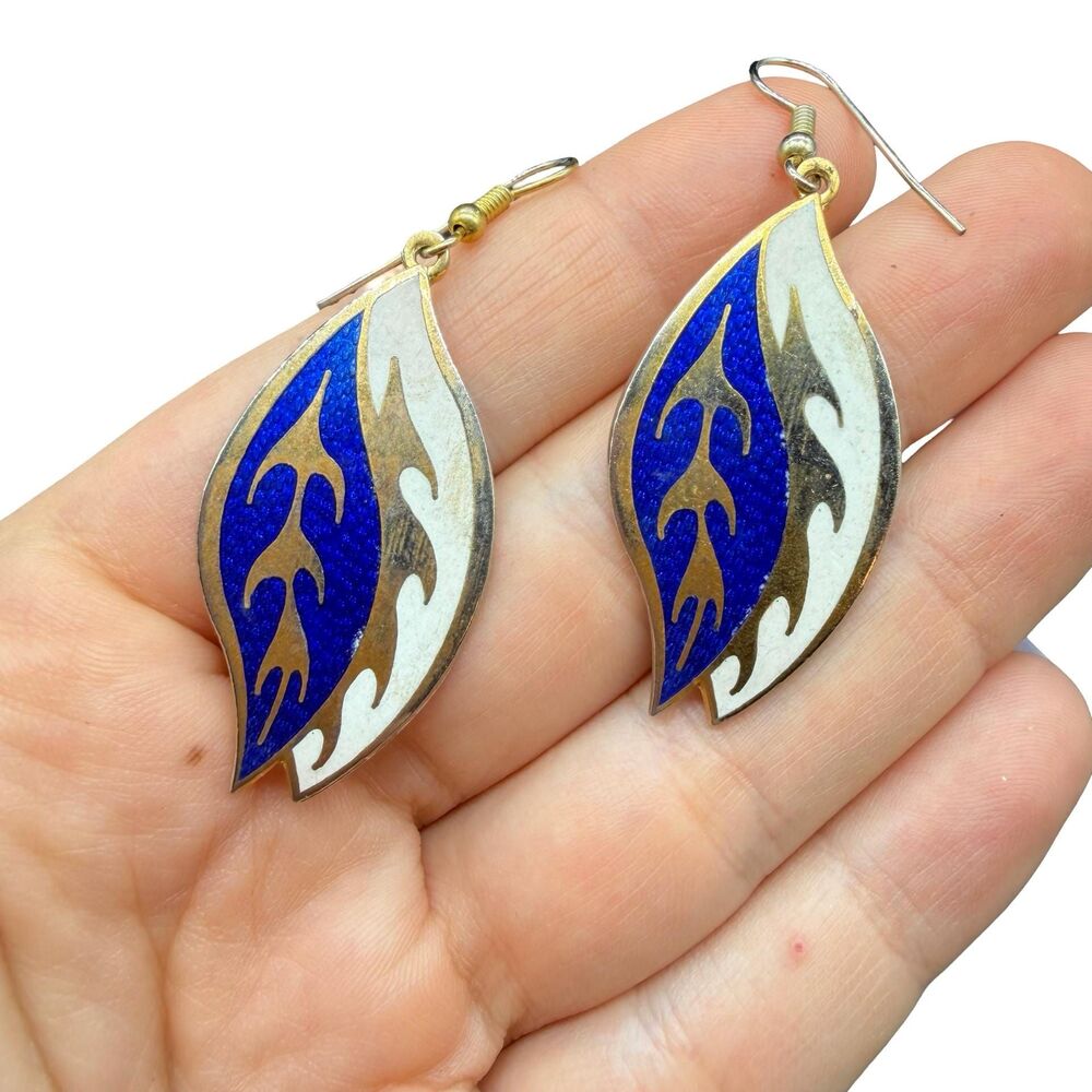Vintage Jewerly Blue and White Cloisonne Earrings Flame Earrings